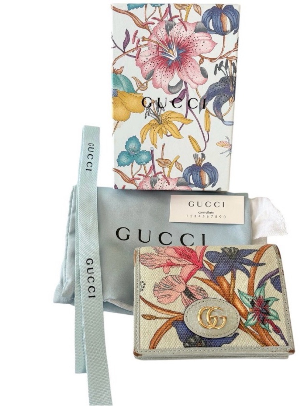Gucci Floral Wallet in White with Pink, Yellow & Blue Accents with COA